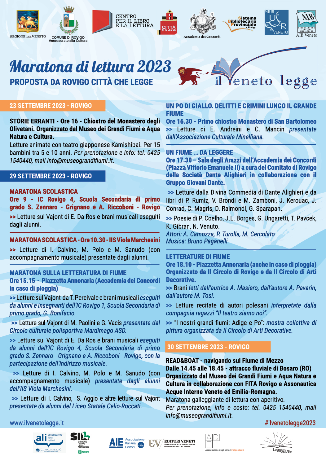 Locandina degli eventi previsti per la maratona di lettura del Veneto Legge 2023